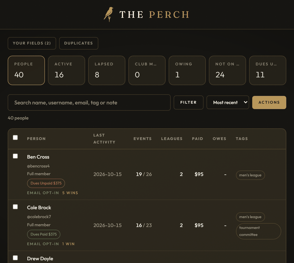 The People page of a club on The Perch: 40 people with dues, events, leagues and tags.