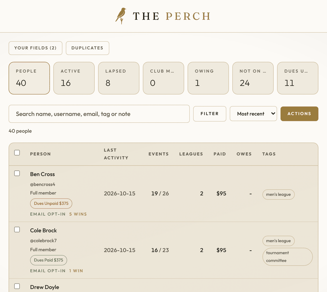 The People page of a club on The Perch: 40 people with dues, events, leagues and tags.