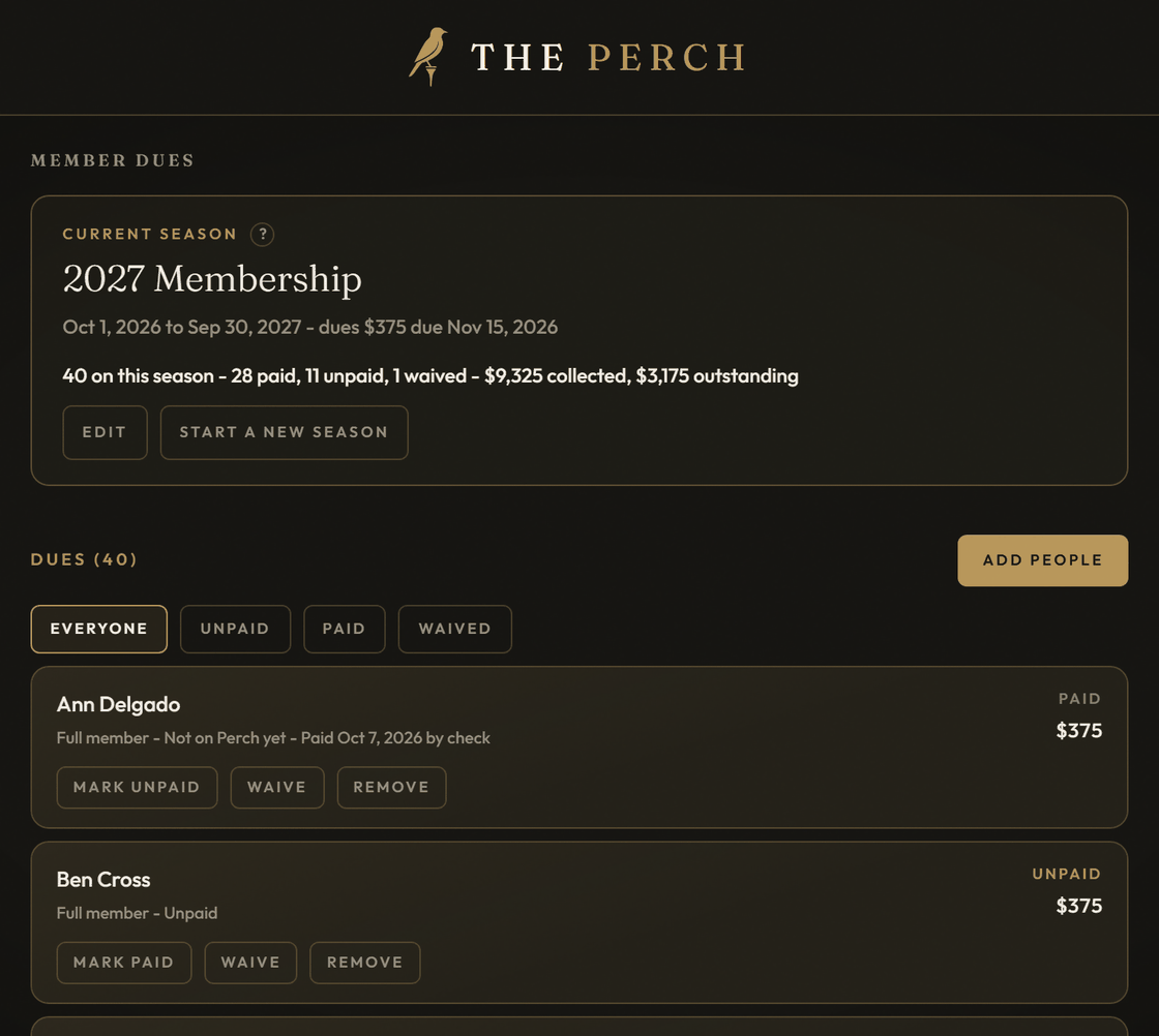 Member dues on The Perch: 28 paid, 11 unpaid and 1 waived, with what is collected and outstanding.