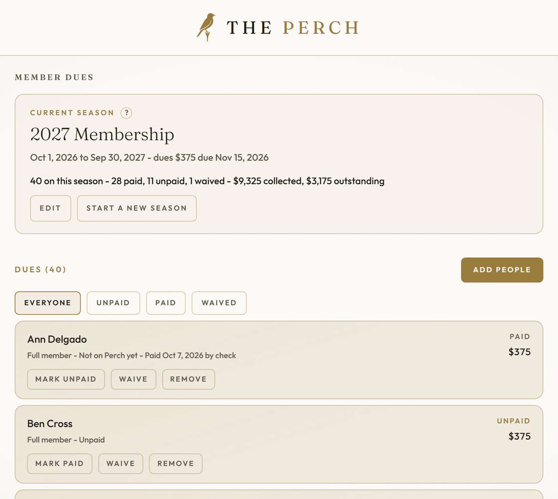 Member dues on The Perch: 28 paid, 11 unpaid and 1 waived, with what is collected and outstanding.