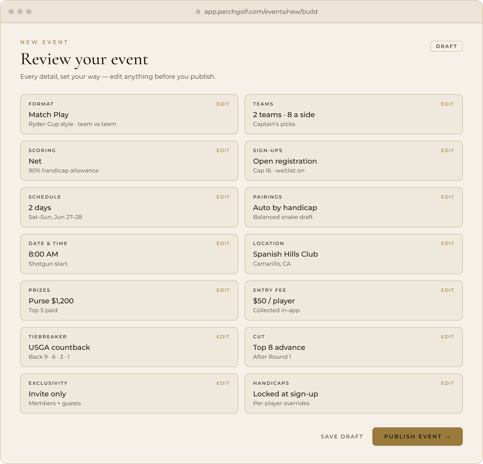 The Perch — configuring every detail of a tournament in the web app