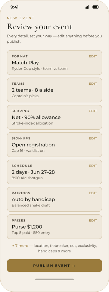 The Perch — configuring every detail of a tournament on a phone