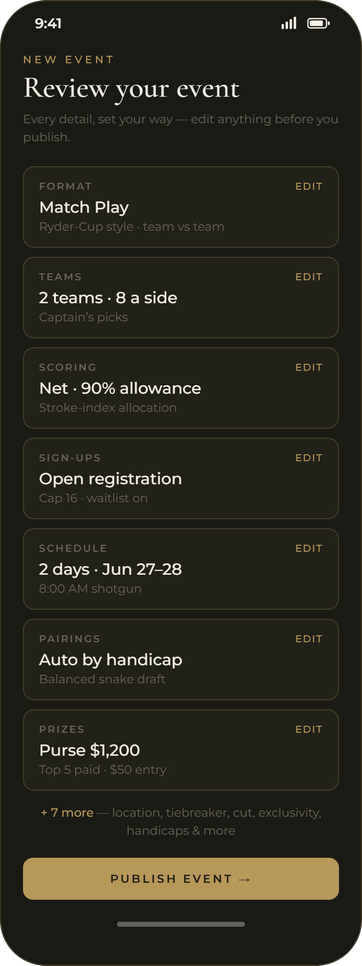 The Perch — configuring every detail of a tournament on a phone