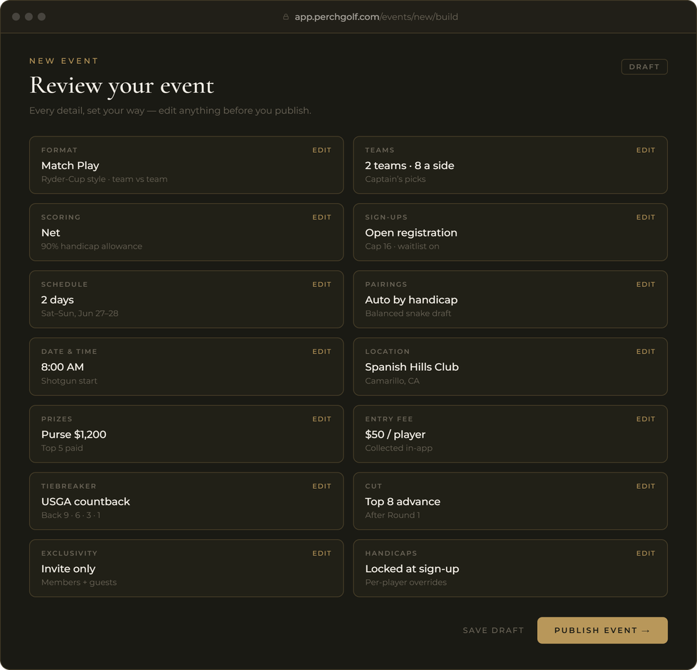 The Perch — configuring every detail of a tournament in the web app