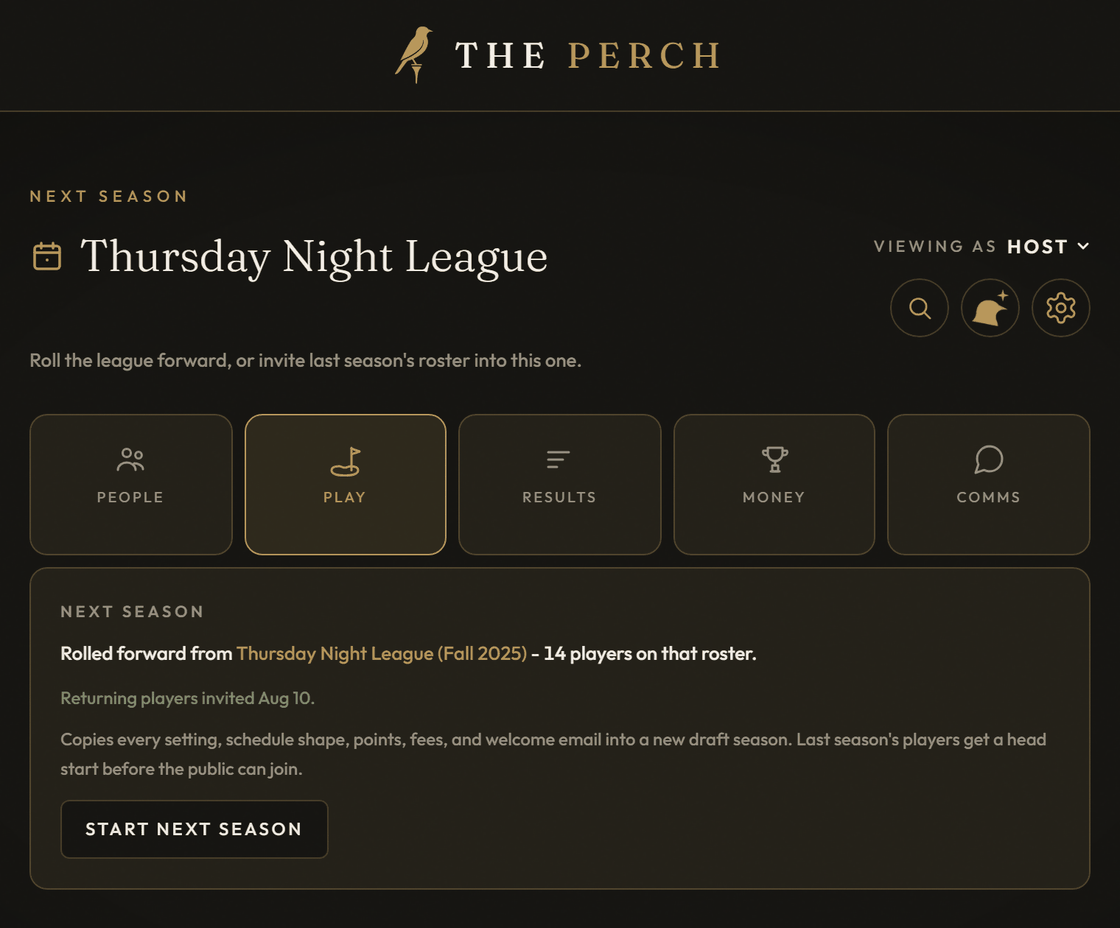 A league's Next season page on The Perch: rolled forward from last season with 14 returning players invited, and Start next season.