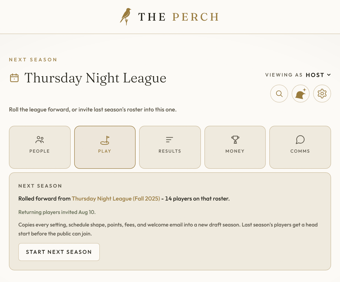A league's Next season page on The Perch: rolled forward from last season with 14 returning players invited, and Start next season.