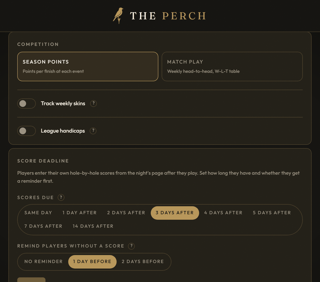 A league's scoring settings on The Perch: season points or match play, weekly skins, league handicaps and a score deadline.