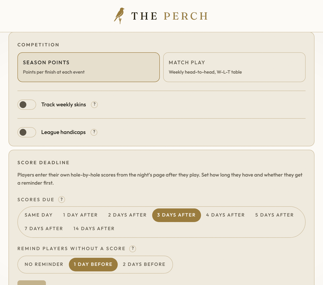 A league's scoring settings on The Perch: season points or match play, weekly skins, league handicaps and a score deadline.