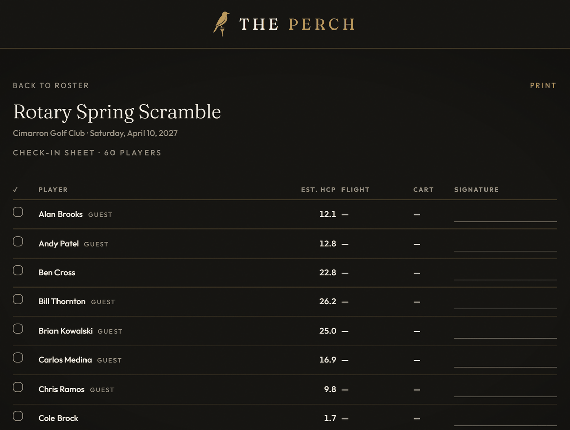 A printable check-in sheet from The Perch: each golfer's estimated handicap, flight, cart and a signature line.