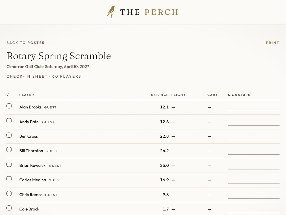 A printable check-in sheet from The Perch: each golfer's estimated handicap, flight, cart and a signature line.
