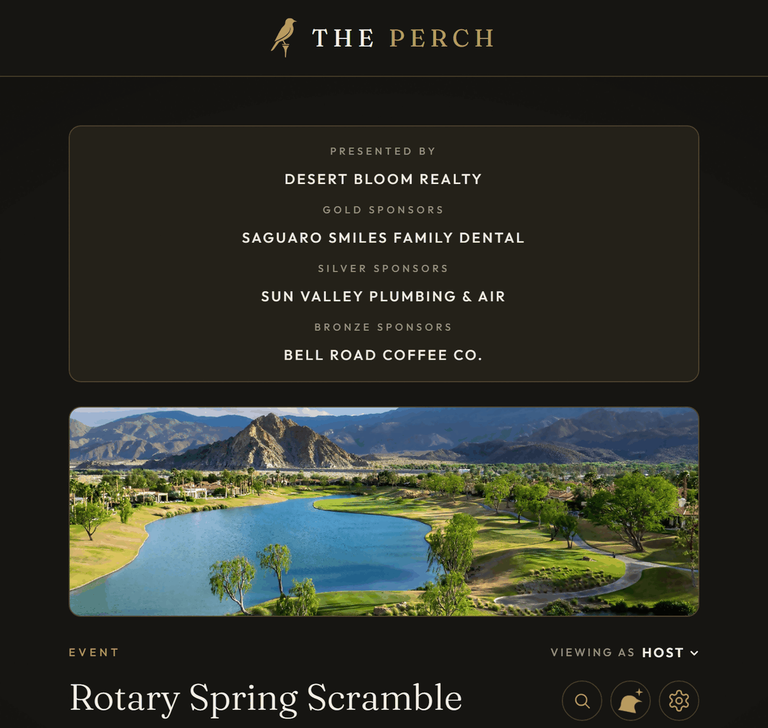 An outing's event page on The Perch: its sponsors by tier, the course banner and the event name.