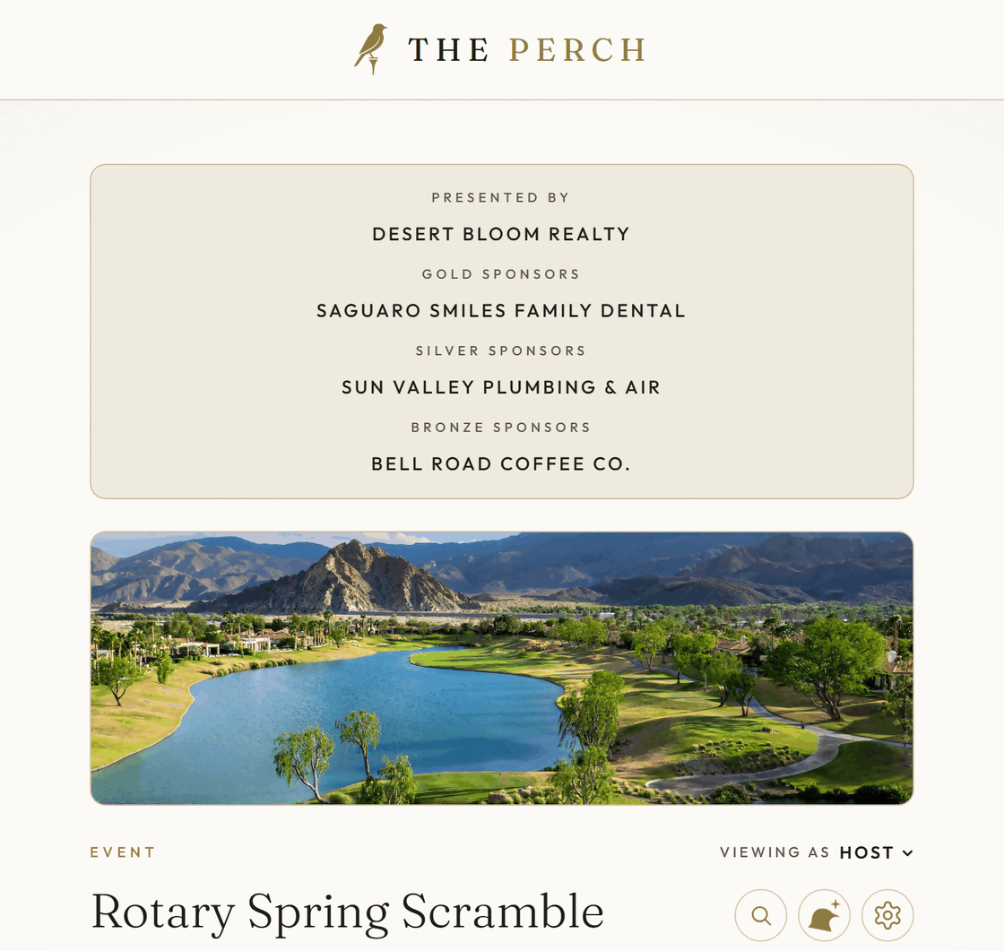 An outing's event page on The Perch: its sponsors by tier, the course banner and the event name.