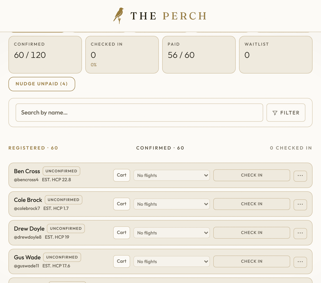 The roster of an outing on The Perch: 60 of 120 confirmed, 56 paid by card, and Nudge unpaid for the 4 still owing.