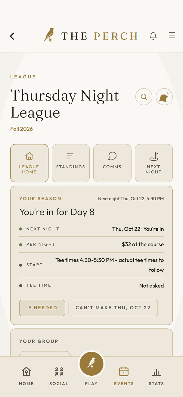A member's season card for the Thursday Night League in The Perch: you're in for day 8 on Thursday, October 22, with If needed and Can't make it buttons.