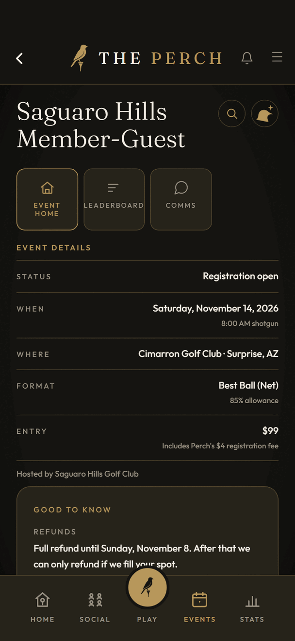 The Saguaro Hills Member-Guest as a golfer sees it in The Perch: Saturday, November 14 at Cimarron Golf Club, $99 including Perch's $4 registration fee.