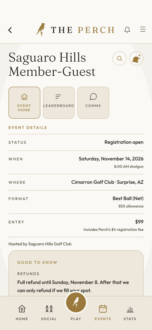 The Saguaro Hills Member-Guest as a golfer sees it in The Perch: Saturday, November 14 at Cimarron Golf Club, $99 including Perch's $4 registration fee.