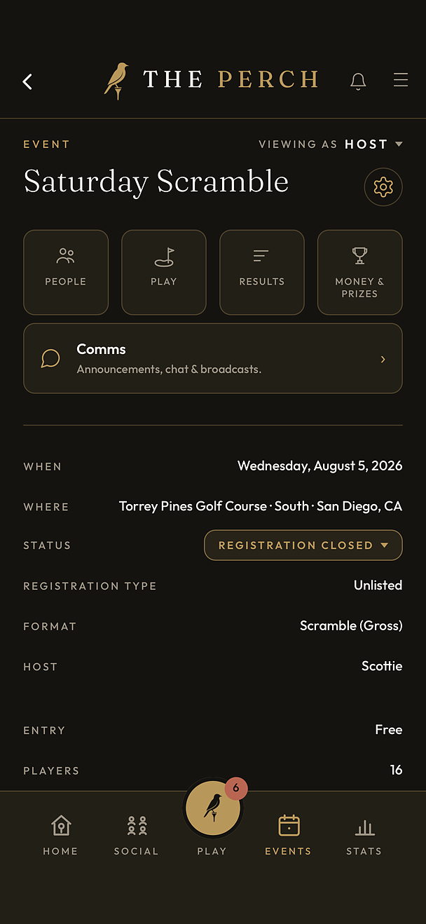 The event page for a Saturday Scramble in The Perch, with people, play, results and money tiles.