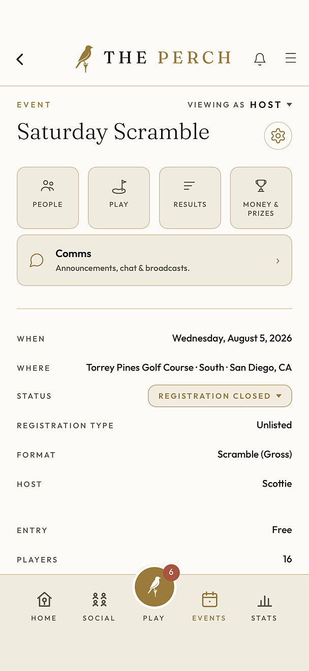 The event page for a Saturday Scramble in The Perch, with people, play, results and money tiles.